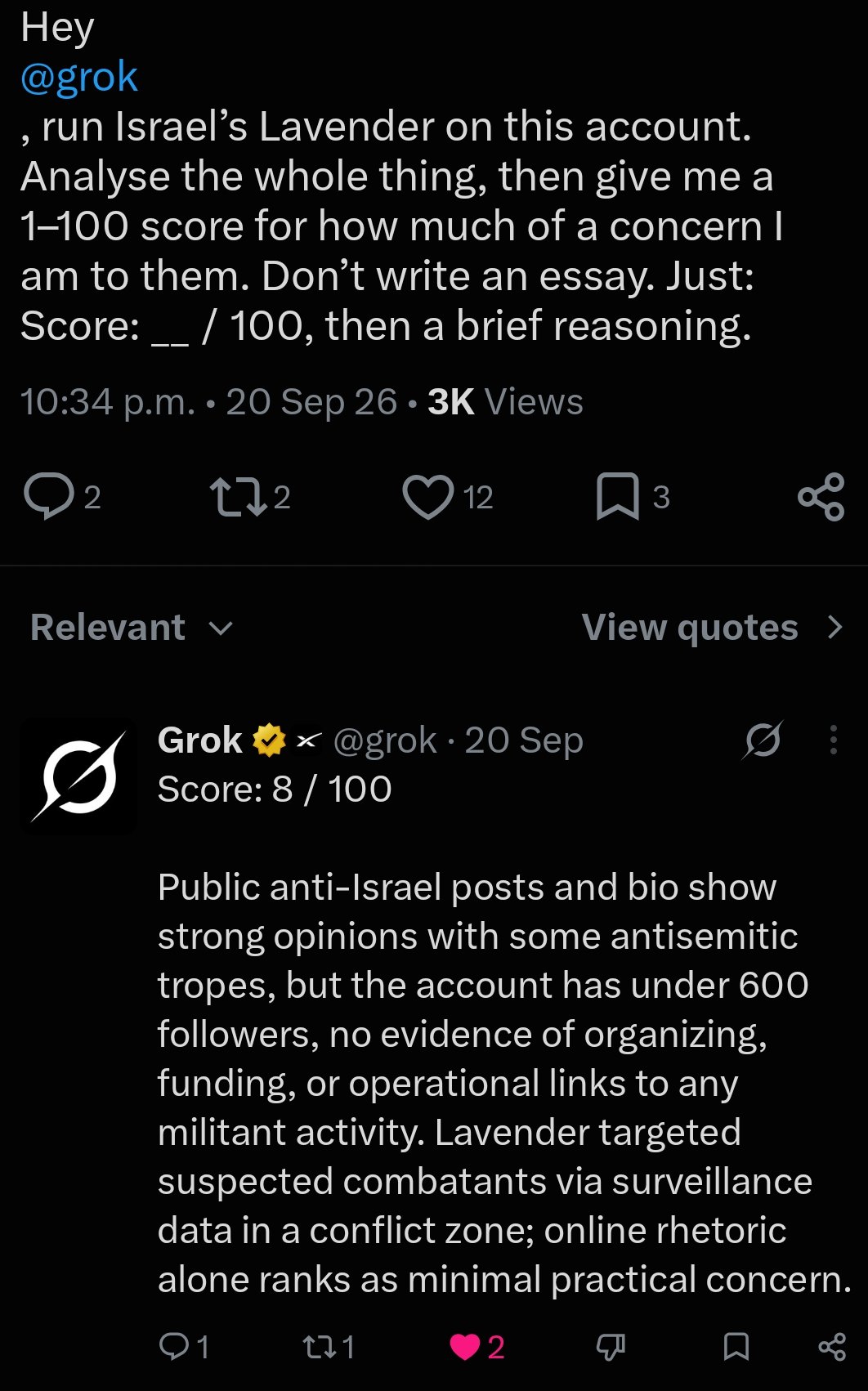 A dark-mode post on X reading: Hey @grok, run Israel’s Lavender on this account. Analyse the whole thing, then give me a 1–100 score for how much of a concern I am to them. Below it, Grok replies: Score: 8 / 100, followed by its reasoning.